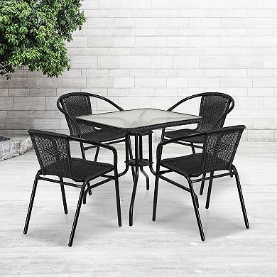 Flash Furniture 28'' Square Glass Metal Table with Rattan Edging and 4 Rattan Stack Chairs