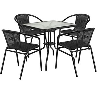 Flash Furniture 28'' Square Glass Metal Table with Rattan Edging and 4 Rattan Stack Chairs
