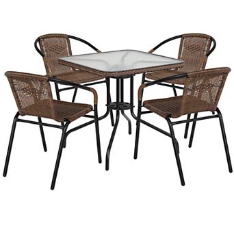 Flash Furniture 28'' Square Glass Metal Table with Rattan Edging and 4 Rattan Stack Chairs