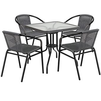 Flash Furniture 28'' Square Glass Metal Table with Rattan Edging and 4 Rattan Stack Chairs