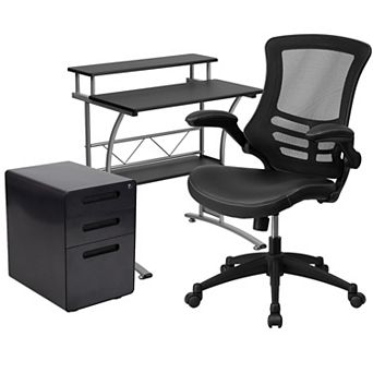 Flash Furniture Office Set-Computer Desk, Ergonomic Mesh/LeatherSoft Office Chair, File Cabinet