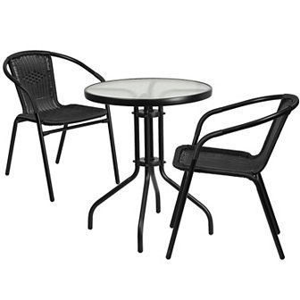 Flash Furniture 23.75" Round Glass Metal Table with 2 Rattan Stack Chairs