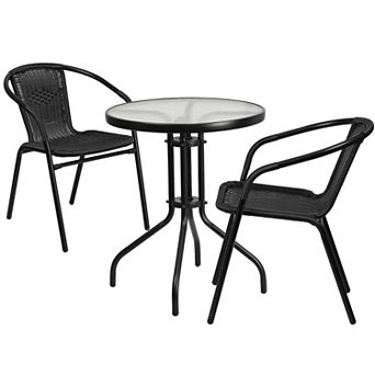 Flash Furniture 23.75" Round Glass Metal Table with 2 Rattan Stack Chairs