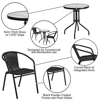 Flash Furniture 23.75" Round Glass Metal Table with 2 Rattan Stack Chairs