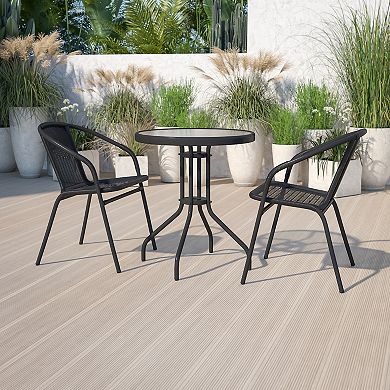 Flash Furniture 23.75" Round Glass Metal Table with 2 Rattan Stack Chairs