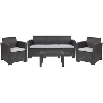Flash Furniture 4 pc Outdoor Faux Rattan Chair, Sofa and Table Set
