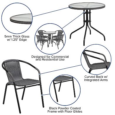 Flash Furniture 28'' Round Glass Metal Table with Rattan Edging and 4 Rattan Stack Chairs