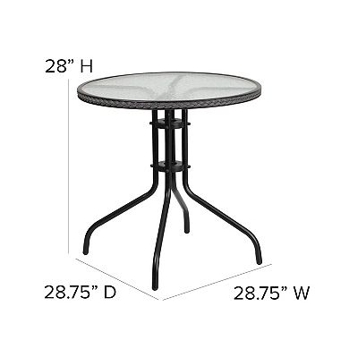Flash Furniture 28'' Round Glass Metal Table with Rattan Edging and 4 Rattan Stack Chairs