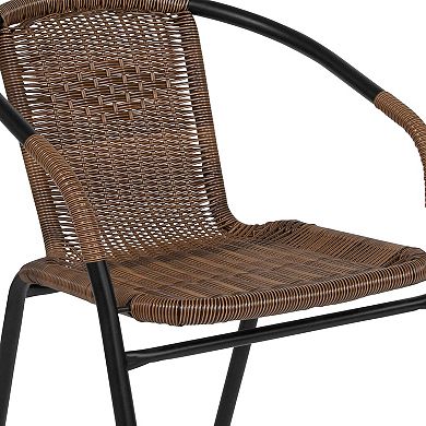 Flash Furniture 28'' Round Glass Metal Table with Rattan Edging and 4 Rattan Stack Chairs