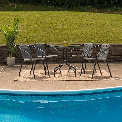 Flash Furniture 28'' Round Glass Metal Table with Rattan Edging and 4 Rattan Stack Chairs