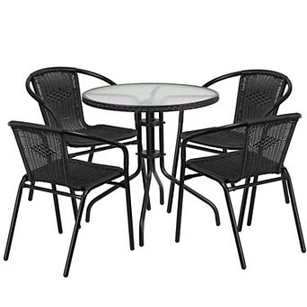 Flash Furniture 28'' Round Glass Metal Table with Rattan Edging and 4 Rattan Stack Chairs