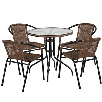 Flash Furniture 28'' Round Glass Metal Table with Rattan Edging and 4 Rattan Stack Chairs