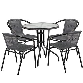 Flash Furniture 28'' Round Glass Metal Table with Rattan Edging and 4 Rattan Stack Chairs