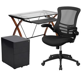 Flash Furniture Office Set-Glass Computer Desk, Ergonomic Mesh Office Chair, Filing Cabinet