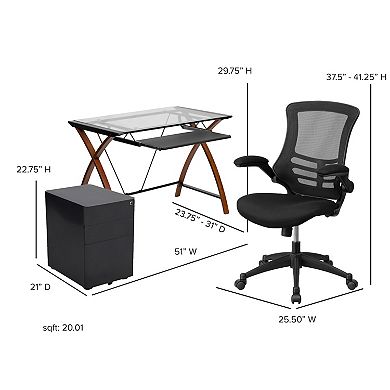 Flash Furniture Office Set-Glass Computer Desk, Ergonomic Mesh Office Chair, Filing Cabinet
