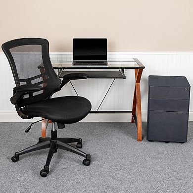 Flash Furniture Office Set-Glass Computer Desk, Ergonomic Mesh Office Chair, Filing Cabinet