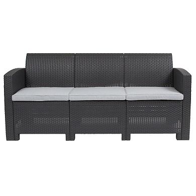 Flash Furniture Faux Rattan Sofa with All-Weather Cushions