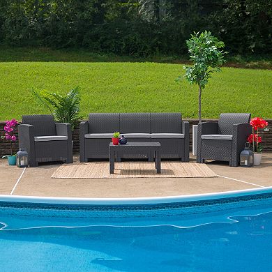 Flash Furniture Faux Rattan Sofa with All-Weather Cushions