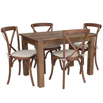 Flash Furniture 46" x 30" Antique Rustic Farm Table Set with 4 Cross Back Chairs and Cushions
