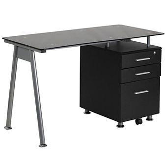 Flash Furniture Computer Desk with Tempered Glass Top and Three Drawer Pedestal