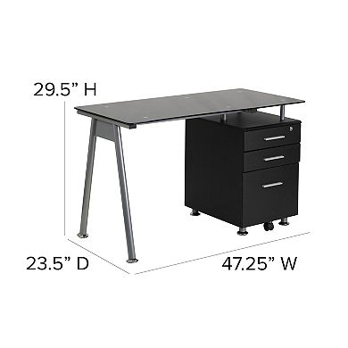 Flash Furniture Computer Desk with Tempered Glass Top and Three Drawer Pedestal