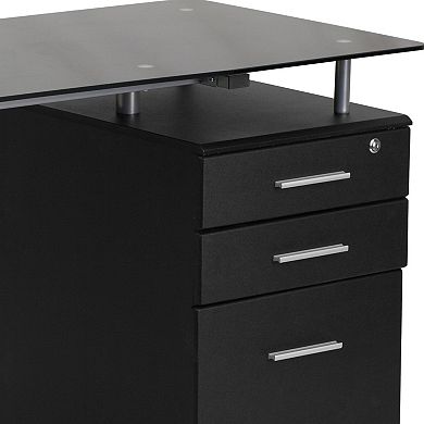 Flash Furniture Computer Desk with Tempered Glass Top and Three Drawer Pedestal