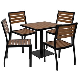 Flash Furniture Outdoor Patio Bistro Dining Table Set with 4 Chairs and Faux Teak Poly Slats