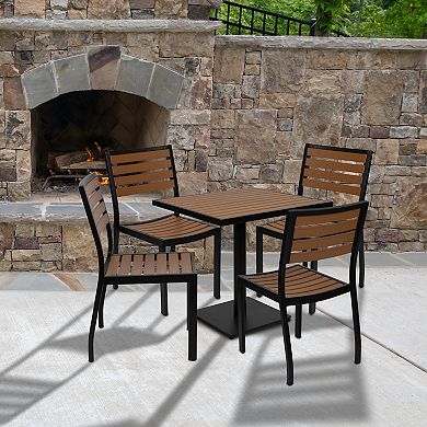 Flash Furniture Outdoor Patio Bistro Dining Table Set with 4 Chairs and Faux Teak Poly Slats