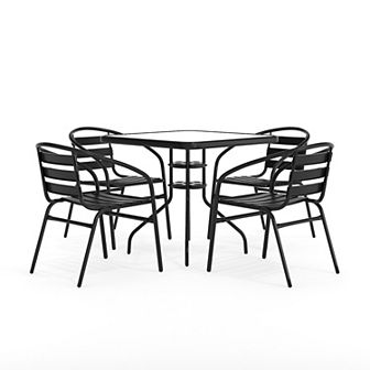 Flash Furniture 31.5" Square Glass Metal Table with 4 Metal Aluminum Slat Stack Chairs