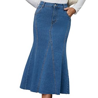 Womens Denim Maxi Skirts High Waisted Casual Fit and Flare Long Jean Skirt