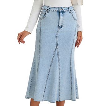 Womens Denim Maxi Skirts High Waisted Casual Fit and Flare Long Jean Skirt