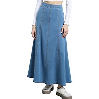 Women's Denim Maxi Skirts High Waisted Western Outfits Flared Long Jean Skirt