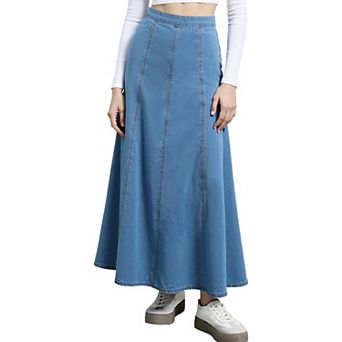 Women's Denim Maxi Skirts High Waisted Western Outfits Flared Long Jean Skirt