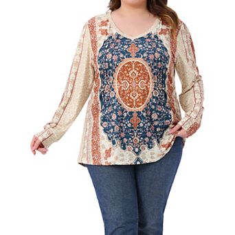 Women's Plus Size V Neck Long Sleeve Top Boho Paisley Print Pleated Blouse Tunic t Shirt Casual