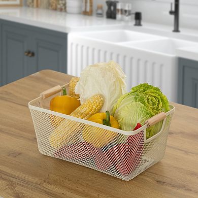 Basicwise Set of 3 Medium Metal Mesh Basket with Handle Storage Organizers for Kitchen and Bathroom