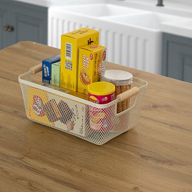 Basicwise Set of 3 Medium Metal Mesh Basket with Handle Storage Organizers for Kitchen and Bathroom