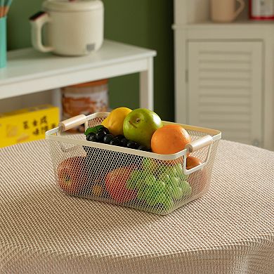 Basicwise Set of 3 Medium Metal Mesh Basket with Handle Storage Organizers for Kitchen and Bathroom