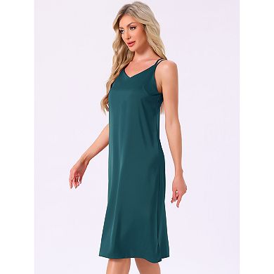 Women's Sleepdress Sleeveless Double Spaghetti Strap Criss Cross Back V Neck Midi Lounge Nightgown