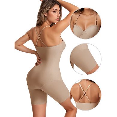 Women's Strapless Shapewear Tummy Control Bodysuit Mid Thigh Full Body Shaper with Built-In Bra