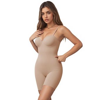 Women's Strapless Shapewear Tummy Control Bodysuit Mid Thigh Full Body Shaper with Built-In Bra