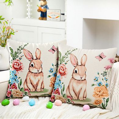 Rabbit Throw Pillow Covers Set of 2 Farmhouse Floral Cushion Case Decoration for Sofa Couch 18"x18"