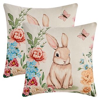 Rabbit Throw Pillow Covers Set of 2 Farmhouse Floral Cushion Case Decoration for Sofa Couch 18"x18"