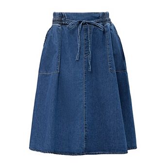 Women's Jean Skirts Elastic Waist Casual A-Line Midi Denim Skirt with Pockets
