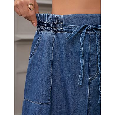 Women's Jean Skirts Elastic Waist Casual A-Line Midi Denim Skirt with Pockets