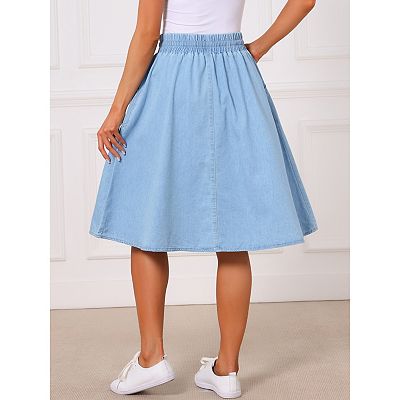 Women's Jean Skirts Elastic Waist Casual A-Line Midi Denim Skirt