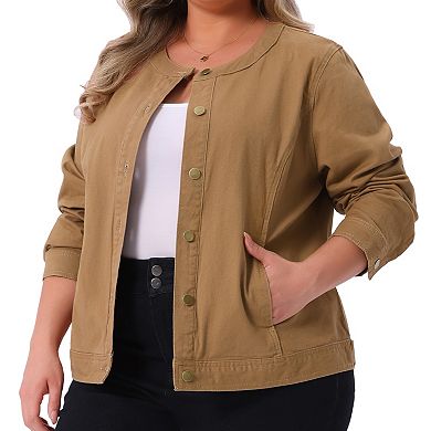 Women's Plus Size Denim Jacket Collarless Button Down Cargo Jean Jackets Shacket