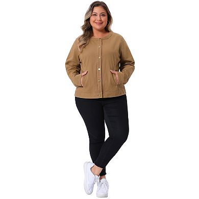 Women's Plus Size Denim Jacket Collarless Button Down Cargo Jean Jackets Shacket