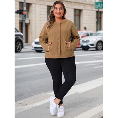 Women's Plus Size Denim Jacket Collarless Button Down Cargo Jean Jackets Shacket