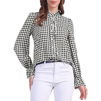 Women's Gingham Tops Ruffle V Neck Blouse Button Front Long Sleeve Plaid Shirt