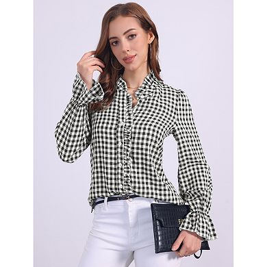 Women's Gingham Tops Ruffle V Neck Blouse Button Front Long Sleeve Plaid Shirt